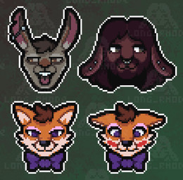 ambiguous_gender anthro beard bleh blush bow_tie brown_body brown_fur buckteeth eyelashes eyeshadow facial_hair facial_piercing fur green_eyes grey_sclera group hair long_hair makeup male multiple_piercings nose_piercing nose_ring orange_body orange_fur piercing pink_eyeshadow pixelated purple_eyes ring_piercing septum_piercing septum_ring smile smirk sprite sprite_art sticker sticker_pack tan_body tan_fur teeth tongue tongue_out trio long_rhode akad_(akadthefox) mack_(mackrabbit) rhode_(long_rhode) canid canine fox hare lagomorph leporid mammal rabbit digital_media_(artwork) pixel_(artwork)