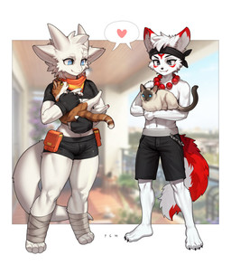 4_toes anthro barefoot black_bottomwear black_clothing black_shorts blue_eyes border bottomwear claws clothed clothing digitigrade domestic_pet feet feral fur fur_markings furries_with_pets grey_eyes group heart_symbol horn male markings plantigrade shorts standing tail text toe_claws toes topless topless_anthro topless_male white_border pgm300 changed_(video_game) mythology dragontim_(character) shizi_(changed) domestic_cat dragon felid feline felis furred_dragon furred_scalie mammal mythological_creature mythological_scalie scalie siamese 2022 absurd_res artist_name digital_media_(artwork) hi_res shaded