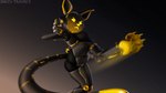 anthro black_body claws female glowing golden_body looking_at_viewer machine punch raised_leg simple_background solo standing tail conditional_dnp shido-tara sigm4 android felid feline mammal robot hi_res