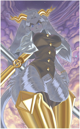 2_horns anthro antlers big_breasts big_ears blue_eyes bottomless bottomless_female breasts clothed clothing cloud featureless_crotch female frown fur grey_body grey_fur holding_melee_weapon holding_object holding_weapon horn huge_thighs legwear long_ears looking_at_viewer looking_down looking_down_at_viewer melee_weapon shirt solo standing tail thick_thighs thigh_highs topwear weapon wide_hips yellow_horn chzzei pseudoregalia sybil_(pseudoregalia) bovid caprine goat hybrid jackalope lagomorph mammal hi_res