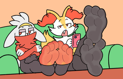 ambiguous_gender anthro cellphone duo electronics feet female foot_focus foot_on_table furniture humanoid_feet male paws phone plantigrade reclining smartphone soles table toes using_phone compysteps nintendo pokemon braixen generation_6_pokemon generation_8_pokemon pokemon_(species) raboot hi_res