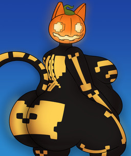 anthro bodysuit butt clothing female food for_a_head fruit looking_at_viewer looking_back plant presenting presenting_hindquarters pumpkin pumpkin_head simple_background skinsuit solo tight_clothing mechaclank epic_games fortnite spice_(fortnite) felid feline mammal object_head hi_res