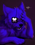 annoyed blue_body blue_fur canid canine canis damascus dialogue digital_media_(artwork) english_text eye_patch eyewear facepalm falvie feral fur male mammal reaction_image solo text wolf