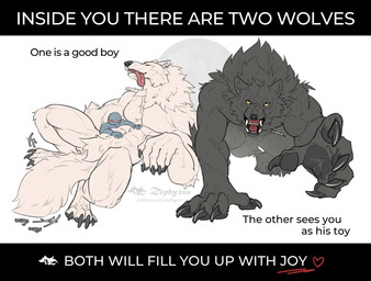 ambiguous_gender anthro bared_teeth belly_rub biped claws eyes_closed fangs finger_claws fur good_boy grey_body grey_fur group happy larger_anthro larger_male male male/ambiguous muscular muscular_anthro muscular_male reaching_towards_viewer size_difference smaller_ambiguous smaller_human smile tail tail_motion tailwag teeth text toe_claws tongue tongue_out touching_abs touching_stomach trio white_body white_fur yellow_eyes zephyxus inside_you_there_are_two_wolves mythology canid canine human mammal mythological_canine mythological_creature werecanid werecanine werecreature werewolf 2025 digital_media_(artwork) english_text
