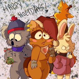 anthro bib black_eyes blush brown_body brown_fur christmas_clothing christmas_headwear claws clothed clothing electronics fangs female fur grey_body grey_fur group hat headgear headwear holding_object holidays jacket male open_mouth pattern_background phone santa_hat scarf simple_background star star-shaped_background star_polygon tail teeth text topwear white_body white_eyes white_fur yellow_body yellow_fur moontoon christmas mammal_squad! doki_(mammal_squad!) gerard_(mammal_squad!) koey_(mammal_squad!) popcorn_(mammal_squad!) giraffe giraffid koala lagomorph leporid mammal marsupial procyonid rabbit raccoon vombatiform 1:1 2023 digital_media_(artwork) english_text hi_res