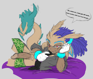 accessory anthro bed_sheet bedding big_penis blue_hair bottomwear bottomwear_down clothed clothing countershade_arms countershade_face countershading dialogue dreadlocks fin fur genitals glans gloves hair handwear head_fin jacket male necktie orange_eyes pants pants_down partially_clothed penis pubes reclining shorts shorts_down simple_background solo speech_bubble spikes spikes_(anatomy) tail tail_tuft tan_body tan_fur topwear tuft frostburned-soul mythology sega sonic_the_hedgehog_(series) fan_character trigger_(frostburned-soul) aquatic aquatic_dragon dragon furred_dragon furred_scalie mythological_creature mythological_scalie scalie colored_sketch hi_res sketch