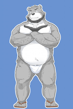 5_toes anthro asian_clothing barefoot beard black_nose blue_background clothing east_asian_clothing facial_hair feet flip_flops footwear fundoshi fur grey_body grey_fur japanese_clothing kemono male mature_male musclegut muscular muscular_male overweight overweight_anthro overweight_male paws sandals shoes simple_background solo toes underwear white_body white_fur andikapatok bear mammal 2015 hi_res