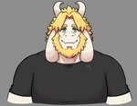 anthro asgore_dreemurr beard black_beard black_facial_hair blonde_beard blonde_facial_hair blonde_hair bovid caprine clothing dynogreeno facial_hair fur goat green_eyes hair hi_res horn long_ears male mammal muscular muscular_male simple_background smile solo topwear undertale_(series) white_body white_fur