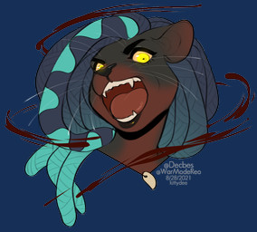black_hair blue_hair dreadlocks eyebrows eyelashes female hair multicolored_hair open_mouth simple_background solo teeth tongue transparent_background whiskers yellow_eyes kittydee felid feline mammal 2021 alpha_channel digital_media_(artwork) headshot_portrait portrait