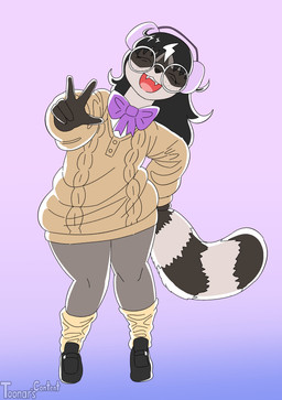 anthro big_sweater boots bow_tie clothing earmuffs eyewear footwear freckles glasses knee_highs knee_socks legwear oversized_clothing oversized_topwear shoes socks solo thick_thighs topwear wearing_glasses toonarscontent erika_(toonarscontent) mammal procyonid raccoon absurd_res hi_res