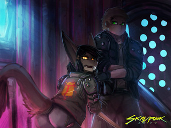 blonde_hair butt clothed clothing cyberpunk duo female fur green_eyes hair jacket leather leather_clothing leather_jacket leather_topwear logo looking_at_viewer looking_back male text topwear yellow_eyes general-irrelevant cd_projekt_red cyberpunk_2077 out-of-placers elim_dorelga kassen_akoll human mammal yinglet 2018 4:3 digital_media_(artwork) english_text shaded