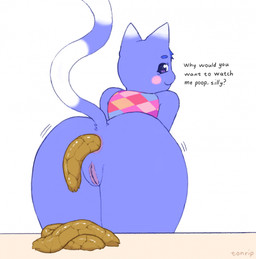 anthro anus asking_viewer bent_over blue_body blue_fur bottomless bottomless_anthro bottomless_female butt clothed clothing dipstick_ears ear_markings feces feces_pile female female_pooping fur genitals looking_at_viewer looking_back looking_back_at_viewer markings multicolored_ears pink_cheeks pooping purple_eyes raised_tail rear_view scatplay simple_background smile solo tail talking_to_viewer text vulva white_background white_body white_fur tonrip animal_crossing nintendo rosie_(animal_crossing) domestic_cat felid feline felis mammal artist_name english_text hi_res