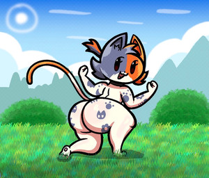 anthro beady_eyes big_butt black_eyes black_nose bottom_heavy butt dipstick_tail eyelashes female fur grey_body grey_fur head_tuft kneeling looking_at_viewer looking_back looking_back_at_viewer markings nude on_one_knee open_mouth open_smile orange_body orange_fur pawpads rear_view smile solo tail tail_markings tattoo thick_thighs tuft white_body white_fur wide_hips stickyfan epic_games fortnite cate_meowdy domestic_cat felid feline felis mammal