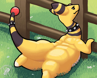 accessory ambiguous_gender big_butt black_body black_sclera bodily_fluids butt collar fence fencepost feral flower furgonomics grass leaning_on_object long_neck looking_at_viewer lying markings on_front overweight overweight_ambiguous pixelated plant raised_leg raised_tail smile smiling_at_viewer solo spiked_collar spiked_tailband spikes striped_ears striped_markings striped_tail stripes sweat sweatdrop tail tail_accessory tail_markings tailband white_body yellow_body ottdotcom nintendo pokemon ampharos generation_2_pokemon pokemon_(species) 5:4 digital_drawing_(artwork) digital_media_(artwork) hi_res watermark