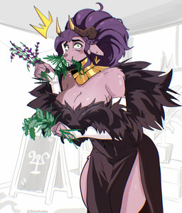 accessory anthro arm_tuft big_breasts black_clothing black_dress blush bodily_fluids breasts chewing cleavage clothed clothing dress ear_piercing ear_ring embarrassed evening_gown eyelashes female frilly fur fur_trim_(clothing) furgonomics gloves gold_(metal) gold_jewelry green_eyes hair handwear holding_plant horn horn_accessory horn_jewelry jewelry looking_at_viewer makeup mascara necklace piercing pink_body pink_fur plant purple_hair ring_piercing shoulder_tuft simple_background solo standing sweat tuft white_clothing white_gloves white_handwear reikollsama rhok'zan_(sucker_for_love) bovid caprine caprine_demon deity demon eldritch_being goat goat_demon mammal outer_god_(h.p._lovecraft) 2026 absurd_res hi_res