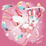 1:1 ambiguous_gender canid canine digitigrade eeveelution english_text fangs feral generation_6_pokemon jumping ktyon3 mammal nintendo open_mouth pink_background pokemon pokemon_(species) quadruped ribbons simple_background solo sylveon teeth text tongue