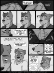 3:4 anthro blush bulge canid canine canis clothed clothing comic dialogue domestic_dog ellipsis embarrassed english_text erection erection_under_clothing eyes_closed greyscale heartbeat jackaloo male male/male mammal monochrome profanity sound_effects stated_heterosexuality stated_sexuality text unwanted_erection wolf