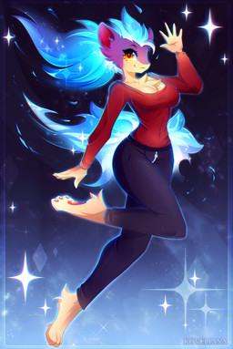 3_toes 5_fingers abstract_background amber_eyes anthro anthrofied barefoot black_bottomwear black_clothing black_eyebrows black_pants blue_background blue_hair blue_tail border bottomwear breasts brown_pupils chest_tuft cleavage clothed clothing collarbone curvy_figure digitigrade eyebrows eyelashes feet female fingers fire flaming_hair flaming_tail foot_tuft fur gesture gradient_background hair head_tuft hindpaw iris long_sleeves looking_at_viewer medium_breasts multicolored_body multicolored_fur one_eye_obstructed one_leg_up outline pants pawpads paws pointy_ears pokemorph pose prick_ears pseudo_hair pupils purple_body purple_ears purple_fur raised_leg red_clothing red_inner_ear red_pawpads red_shirt red_topwear shirt side_view simple_background small_waist smile solo sparkles tail tan_body tan_fur text three-quarter_view toes topwear tuft two_tone_body two_tone_fur waving zipper koveliana nintendo pokemon generation_2_pokemon pokemon_(species) quilava shiny_pokemon 2020 absurd_res digital_media_(artwork) full-length_portrait hi_res portrait signature