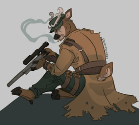 anthro antlers bandolier bottomwear brown_body brown_fur cigarette cigarette_in_mouth clothing cloven_hooves coat fur green_bottomwear green_clothing green_pants grey_background gun harness holding_gun holding_object holding_ranged_weapon holding_rifle holding_sniper_rifle holding_weapon hooves horn male object_in_mouth pants ranged_weapon rifle scope simple_background sitting smoke smoking smoking_cigarette solo text topwear torn_clothing weapon wearing_hat drvoidiguana fallout microsoft robert_maccready_(fallout) deer mammal artist_name