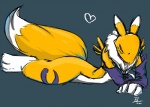 ambiguous_gender anthro biped blue_eyes clothing dipstick_tail fur gloves handwear heart_symbol lying markings solo tail tail_markings white_body white_fur yellow_body yellow_fur naaby bandai_namco digimon canid canine digimon_(species) mammal renamon 2011