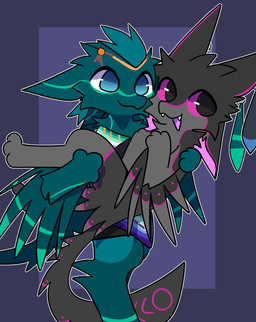 3_fingers 3_toes 4_ears ambiguous_gender anthro black_body black_eyes black_feathers black_hair black_tail black_tail_tuft black_wings blue_body blue_eyes blue_feathers blue_hair carrying_another carrying_partner clothed clothed_ambiguous clothed_anthro clothing duo feather_ear_ring feather_hair feathered_wings feathers feet fingers green_body green_feathers green_legs green_wings grey_body grey_feathers grey_wings hair lgbt_pride multi_ear nude nude_ambiguous nude_anthro pink_body pink_feathers pink_inner_ear pink_mouth pink_sclera pink_wings pride_colors pseudo_hair purple_background simple_background standing tail tail_tuft toes tuft vincian_pride_colors winged_arms wings fathomfloof anonymous_character jasii avali avian absurd_res hi_res male_(lore)