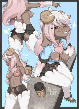 5_fingers anthro areola biped breasts brown_body brown_fur clenched_teeth clothed clothed_anthro clothed_female clothing exposed_breasts eyes_closed eyewear female fingers front_view fur glasses hair looking_at_viewer navel nipples open_mouth open_smile partially_clothed partially_clothed_anthro partially_clothed_female pink_hair rear_view red_eyes simple_background sitting smile solo standing tail teeth tongue topless topless_anthro topless_female white_tail zinfyu sakura_hichuena bovid caprine mammal sheep 2025 absurd_res digital_drawing_(artwork) digital_media_(artwork) hi_res
