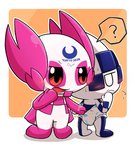 anthro clean_diaper clothed clothing diaper duo embarrassed female kneeling male mascot open_mouth question_mark red_eyes simple_background wearing_diaper wetness_indicator white_background rokesys 2020_tokyo_olympics olympics miraitowa someity 2020 hi_res