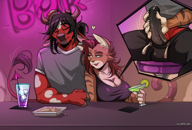 anthro bar_stool beverage black_bottomwear black_clothing black_hair black_pants black_shirt black_sweatpants black_tank_top black_topwear blue_eyes bodily_fluids bottomwear breasts cleavage clothed clothing cloven_hooves coaster cocktail_glass container cup drinking_glass duo female food fruit fungus fur furniture genital_fluids glass glass_container glass_cup grey_clothing grey_shirt grey_t-shirt grey_topwear hair handjob heart_symbol hooves ice ice_cube leaking_precum lime male male/female neon_lights orange_body orange_fur pants penile plant precum public red_body red_fur sex shirt stealth_sex stool sweat sweatdrop sweatpants t-shirt tail tail_motion tailwag tank_top topwear under_table gllorvillain microsoft minecraft mojang xbox_game_studios regs_(theregularmexican) bovid bovine domestic_cat elemental_creature felid feline felis fungi_fauna mammal mooshroom hi_res