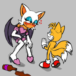 age_difference alcohol anthro armwear bat_wings beverage blue_eyes blue_eyeshadow blush boots clothing drunk duo elbow_gloves eyeshadow female footwear gloves grey_background hair handwear heart_symbol high_heeled_boots high_heels imminent_sex legwear makeup male male/female membrane_(anatomy) membranous_wings older_female pronounced_browridge shaking shoes short_hair simple_background substance_intoxication tail thigh_boots thigh_highs white_hair wings younger_male unknown_artist sega sonic_the_hedgehog_(series) miles_prower rouge_the_bat bat canid canine fox mammal 1:1 hi_res