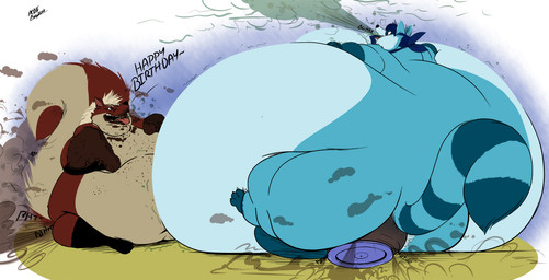 anal anal_penetration anus belly belly_expansion bloated blue_bandana blue_body blue_fur burp_cloud burping buttplug buttplug_in_ass buttplug_insertion cake candy chocolate chocolate_cake dessert expansion fart fart_cloud food fur hyper hyper_burp hyper_fart object_in_ass onomatopoeia penetration plug_(sex_toy) plug_insertion red_body red_fur sex_toy sex_toy_in_ass sex_toy_insertion simple_background slob sound_effects text white_background riis dagaishi trilo mammal mephitid procyonid raccoon skunk 2014 dated signature