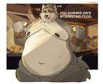 anthro big_cheeks chubby_cheeks detailed_background food holding_food holding_object jewelry male moobs navel nipples obese obese_anthro obese_male overweight overweight_anthro overweight_male pendant solo tail text butterontoast_(artist) far_beyond_the_world_(series) ranok_(far_beyond_the_world) canid canine canis mammal wolf english_text hi_res