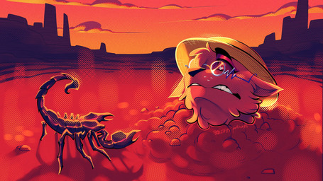 ambiguous_gender anthro black_nose buried buried_in_sand cheek_tuft duo eyewear facial_tuft feral fur glasses male red_body red_fur sand scared sunset teeth tuft wearing_glasses wearing_hat squiderdoodle dandy_(rentonreverb) arachnid arthropod canid canine canis coyote mammal scorpion 16:9 hi_res widescreen