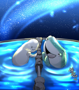 blue_body duo eyes_closed female feral hai_xiaolu happy male night rock spots star water_tank white_body white_spots disney finding_dory finding_nemo pixar bailey_(finding_dory) destiny_(finding_dory) beluga carpet_shark cetacean fish mammal marine monodontid shark toothed_whale whale_shark 2019 watermark