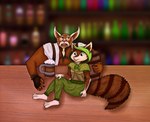 alcohol anthro bar beverage blue_eyes brown_body brown_fur clothing duo female feral fur furniture green_clothing inner_ear_fluff male multicolored_body pink_nose smile table tail tuft two_tone_tail white_clothing skbld dota valve hoodwink_(dota) mangix_the_brewmaster absurd_res hi_res