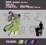 chart color_swatch female feral flower green_body green_skin plant purple_eyes purple_flower size_chart solo solo_focus standing striped_body stripes text kerilyn bandai_namco digimon alraumon aruraumon digimon_(species) elemental_creature flora_fauna 2023 english_text hi_res model_sheet