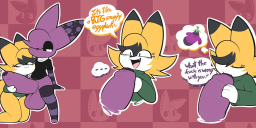 anthro balls big_balls big_penis black_clothing black_shirt black_topwear checkered checkered_background clothing dialogue duo eggplant eyes_closed fellatio female femboy food fruit fur genitals green_clothing green_sweater green_topwear hair huge_balls huge_penis humor kneeling legwear male male/female oral pattern_background penile penis plant profanity purple_body purple_fur purple_hair sex shirt simple_background standing standing_sex stockings sweater text topwear yellow_body yellow_fur aintsmart abis_(aintsmart) jilyon canid canine fox mammal english_text