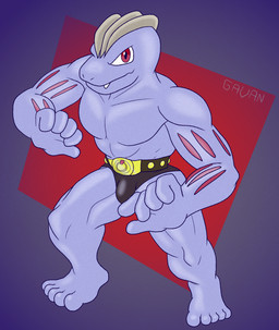 anthro belt briefs briefs_only clothed clothing featureless_chest male muscular muscular_male red_eyes ridges solo topless underwear underwear_only gavanzude nintendo pokemon generation_1_pokemon machoke pokemon_(species) alternate_version_at_paywall hi_res
