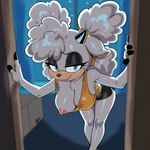 anthro bedroom_eyes bent_over big_breasts black_bottomwear black_clothing blue_eyes bottomwear breasts cleavage clothed clothing doorway eyelashes female fur hair half-closed_eyes horn leaning_on_doorway narrowed_eyes nipples one_breast_out ponytail seductive shirt smile solo tank_top topwear white_body white_fur white_wool wool_(fur) yellow_clothing yellow_shirt yellow_tank_top yellow_topwear retbriar idw_publishing sega sonic_the_hedgehog_(comics) sonic_the_hedgehog_(idw) sonic_the_hedgehog_(series) lanolin_the_sheep_(sonic) bovid caprine mammal sheep 1:1 2025 hi_res signature