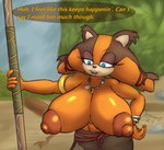 abs bare_dressed big_breasts big_nipples bottomwear breast_expansion breasts clothed clothing dialogue expansion female hand_on_hip huge_breasts hyper hyper_breasts jewelry jungle_girl looking_away midriff nipples plant rock skirt solo staff topless tree sonomatic sega sonic_boom sonic_the_hedgehog_(series) alt sticks_the_jungle_badger badger mammal mustelid musteline half-length_portrait hi_res portrait