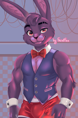 anthro bottomwear bow_tie bulge clothing fur male muscular pants purple_body purple_fur red_eyes smile_at_viewer solo tight_bottomwear tight_clothing tight_pants topwear vest waiter_suit conditional_dnp froxifox five_nights_at_freddy's scottgames bonnie_(fnaf) lagomorph leporid mammal rabbit 2:3 absurd_res hi_res