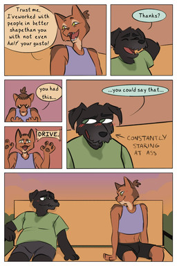 anthro bench blush bottomwear clothing crop_top dialogue duo embarrassed eye_contact hair looking_at_another male outside shirt shorts sitting sweat_stain t-shirt tied_hair topwear demilittleguy dave_(demilittleguy) james_(demilittleguy) canid canine canis domestic_cat domestic_dog felid feline felis mammal comic hi_res