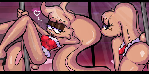 4_toes anthro butt clothed clothing eyelashes feet female floppy_ears footwear freckled_face freckles glistening_eyelids heart_symbol holidays inside long_eyelashes looking_at_viewer looking_back pole skimpy smile smiling_at_viewer solo stripper stripper_pole tail toes blackmore christmas blair_(blackmore) domestic_rabbit lagomorph leporid mammal oryctolagus rabbit hi_res signature