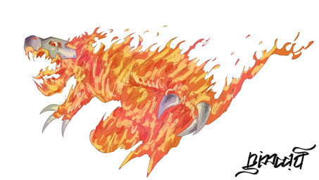 anthro armor claws fire flaming_body headgear helmet male mask roaring solo nimadj bandai_namco digimon digimon_(species) elemental_creature fire_creature flarerizamon hi_res