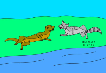 blue_sky brown_body brown_fur duo feral fur gossip grass green_grass grey_body grey_fur happy lounging lying male markings on_side open_mouth otter_tail outside plant river sky smile spread_legs spreading striped_markings striped_tail stripes tail tail_markings water urbanhermit mammal mustelid otter procyonid raccoon 2001 colored dated