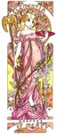 anthro art_nouveau blonde_hair bowl brown_eyes clothing container dress female fur hair hooves leaf leaf_in_hair looking_at_viewer plant scepter solo text tree white_body white_fur terrie_smith clementia_(deity) bovid caprine deity mammal sheep 2005 english_text hi_res