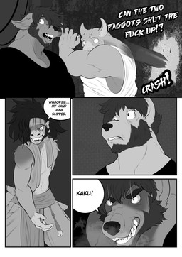 angry anthro bared_teeth beard beer_bottle bottle broken_bottle broken_glass clenched_teeth clothing container crazed_look dialogue drunk duo ear_piercing ear_ring facial_hair glass homophobic_slur inside male muscular muscular_anthro muscular_male piercing profanity ring_piercing shirt shirtless shirtless_anthro shirtless_male solo speech_bubble substance_intoxication surprised tank_top teeth text topwear viola_bat canid canine canis domestic_dog haplorhine mammal monkey pit_bull primate absurd_res comic english_text hi_res monochrome