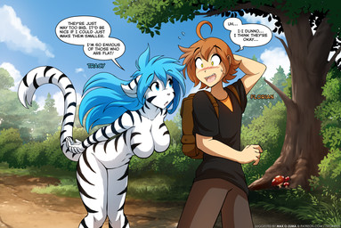 alternate_species anthro backpack big_breasts biped black_stripes blue_hair blush bottomwear breasts canon_couple casual_nudity clothed clothed_human clothed_male clothing complaining crossgender dialogue duo featureless_breasts female fingers ftm_crossgender fully_clothed fully_clothed_human fully_clothed_male fur furrification hair hanging_breasts humanized leaning leaning_forward male markings mtf_crossgender navel nude nude_anthro nude_female outside public public_nudity striped_body striped_fur striped_markings striped_tail stripes tail tail_markings teeth text tongue topwear white_body white_fur white_tail conditional_dnp narikusha tom_fischbach twokinds flora_(twokinds) tiger_trace trace_legacy felid human keidran mammal pantherine tiger 2026 digital_drawing_(artwork) digital_media_(artwork) english_text hi_res traced url