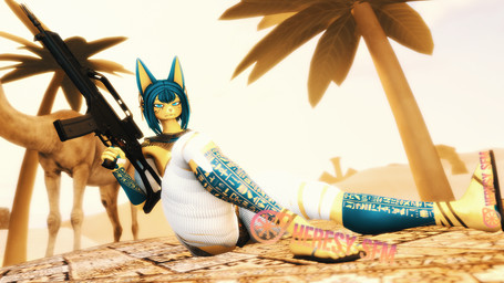 anthro bandage bandaged_leg blue_eyes blue_hair carpet clothed clothing desert female feral footwear fur gun hair looking_at_viewer palm_tree plant pose ranged_weapon sandals shoes solo tree trigger_discipline weapon yellow_body yellow_fur heresy_sfm ludexus_(modeler) animal_crossing nintendo ankha_(animal_crossing) camel camelid domestic_cat felid feline felis mammal 16:9 3d_(artwork) digital_media_(artwork) distracting_watermark hi_res pinup watermark widescreen