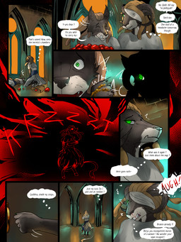1_eye anthro biotech blonde_hair blood bodily_fluids church clothed clothing dialogue duo female food fruit green_eyes hair multicolored_body nosebleed plant speech_bubble two_tone_body unconscious tyunre nafisa_vharr_antrelys bovid canid caprine mammal 3:4 comic hi_res