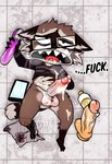 after_orgasm balls bodily_fluids buzzer cellphone clothed clothing cum dildo electronics erection eyewear genital_fluids genitals glasses humanoid_genitalia humanoid_penis lube_bottle male partially_clothed penis phone profanity sex_toy solo text vein veiny_penis tommybunz tommy_(tommybunz) mammal procyonid raccoon english_text